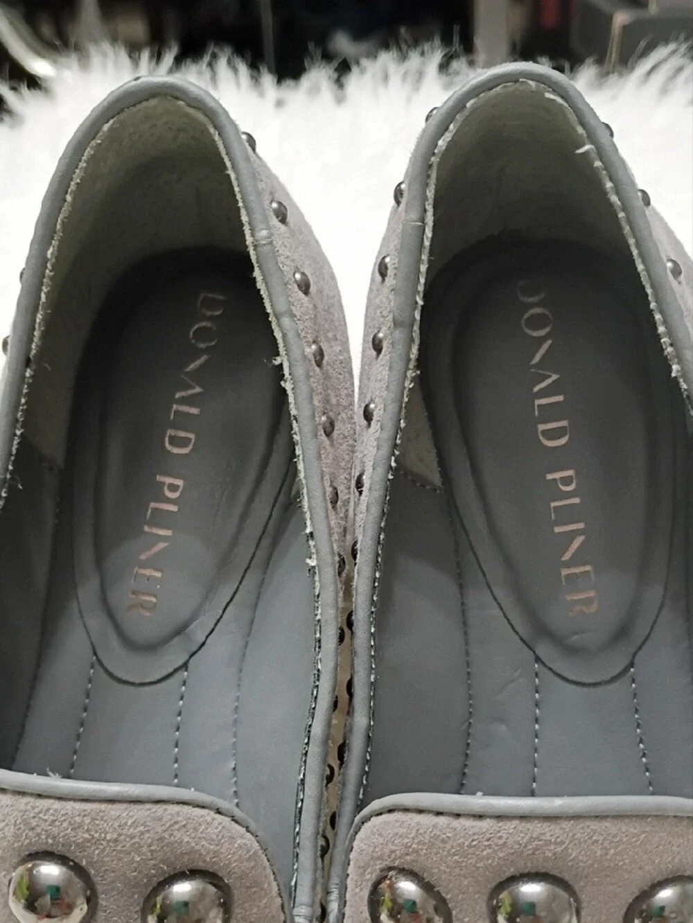Women's Donald Pliner Rebel 2 Pewter Studded Suede Loafers in Gray 7M